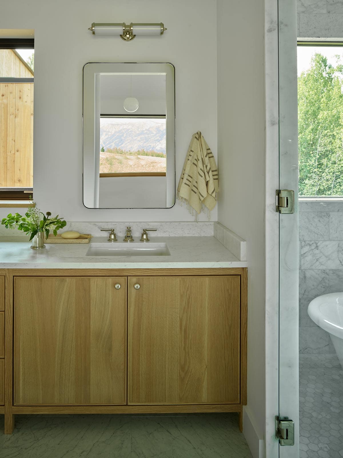 Bathroom vanity with wood cabinetry and mirror reflecting mountain view