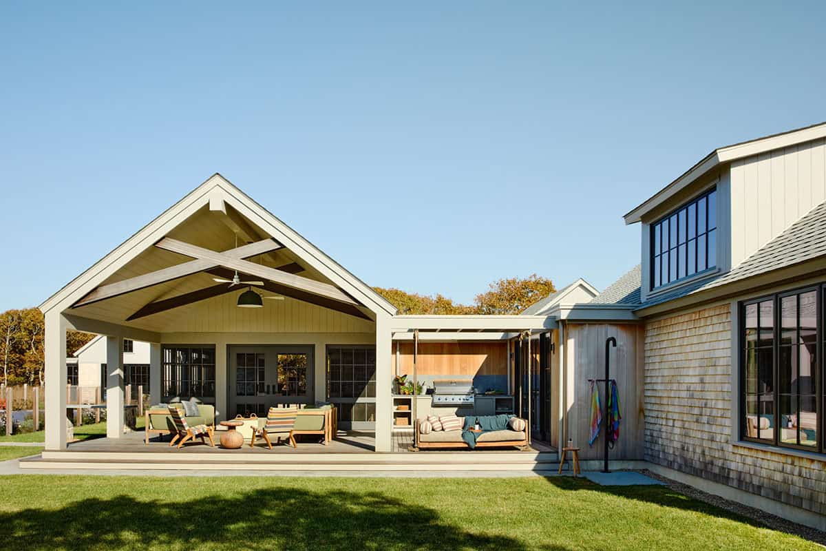 Exterior view of the covered porch and outdoor kitchen pavilion