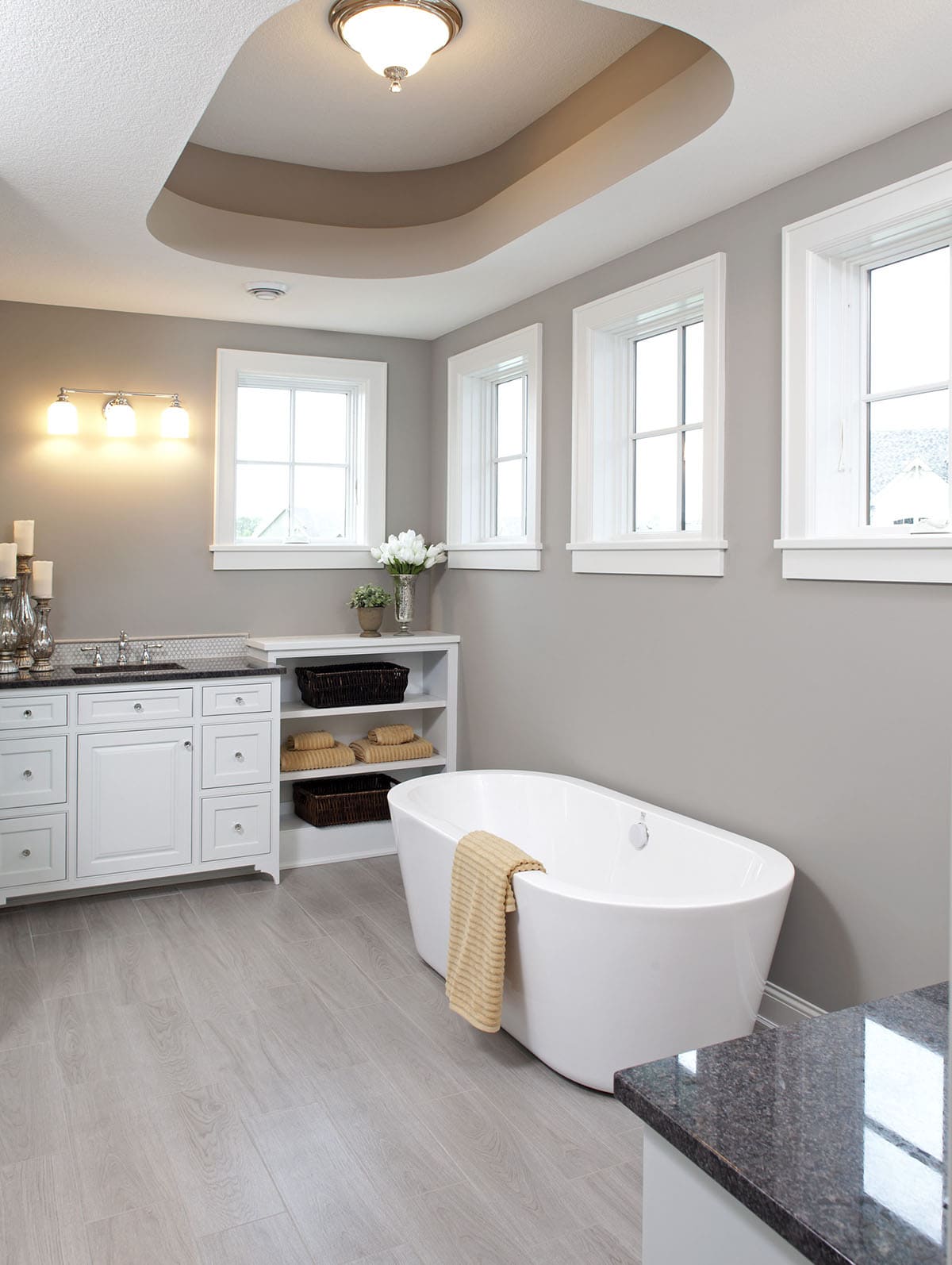 Primary bathroom with freestanding soaking tub, tray ceiling, and white vanity
