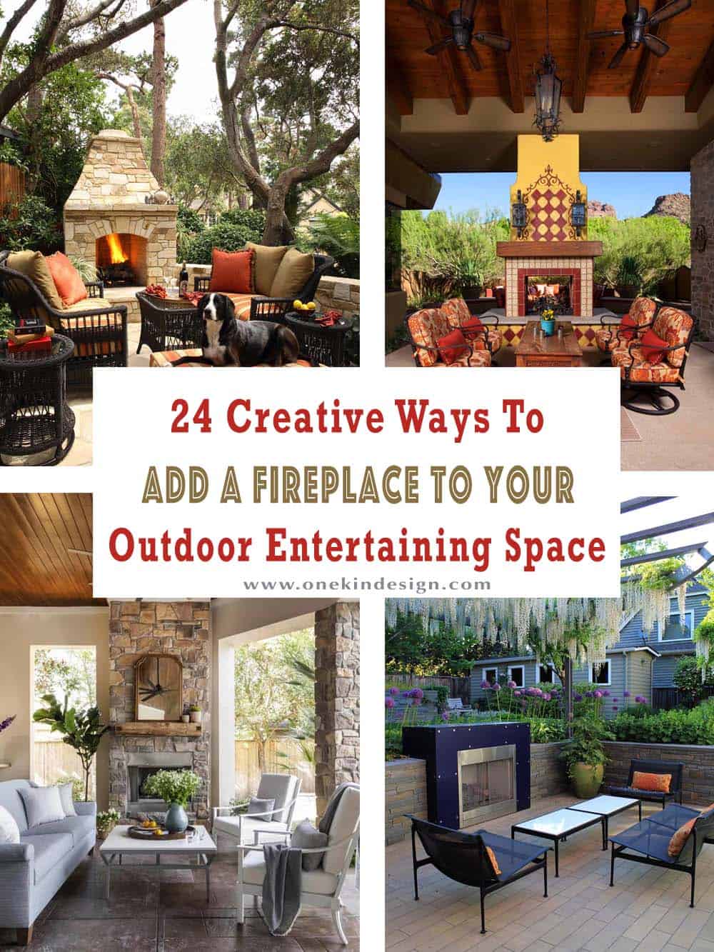 Collage of four outdoor fireplace styles for backyard entertaining spaces