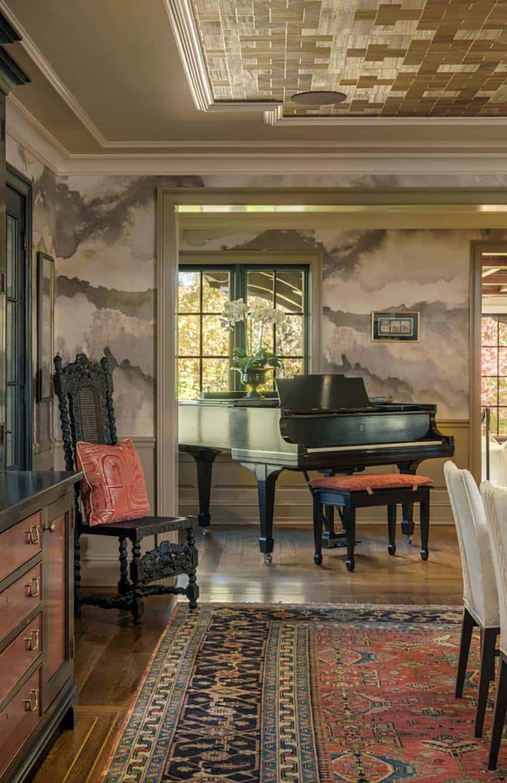 Grand piano alcove with watercolor-style mural wallpaper and rug