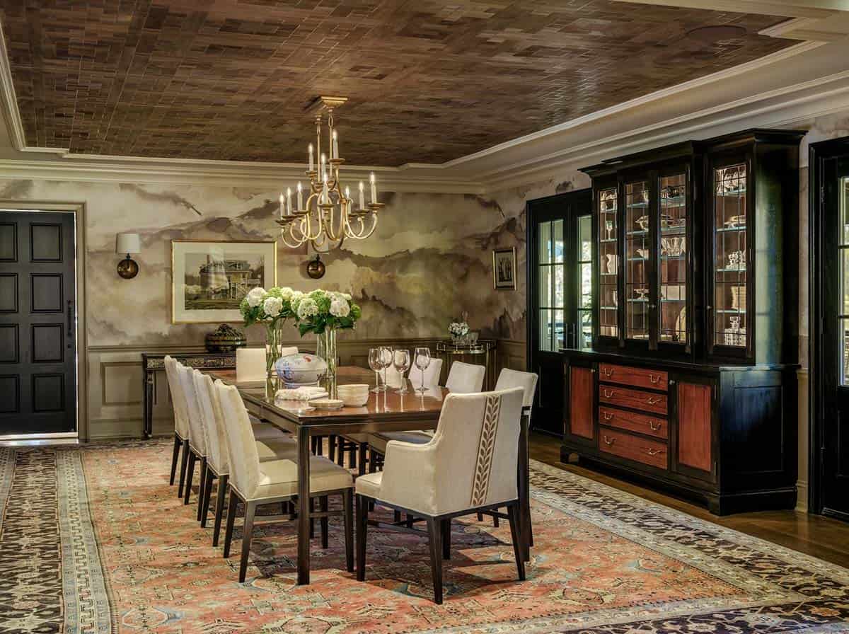 Formal dining room with woven wood ceiling and black hutch