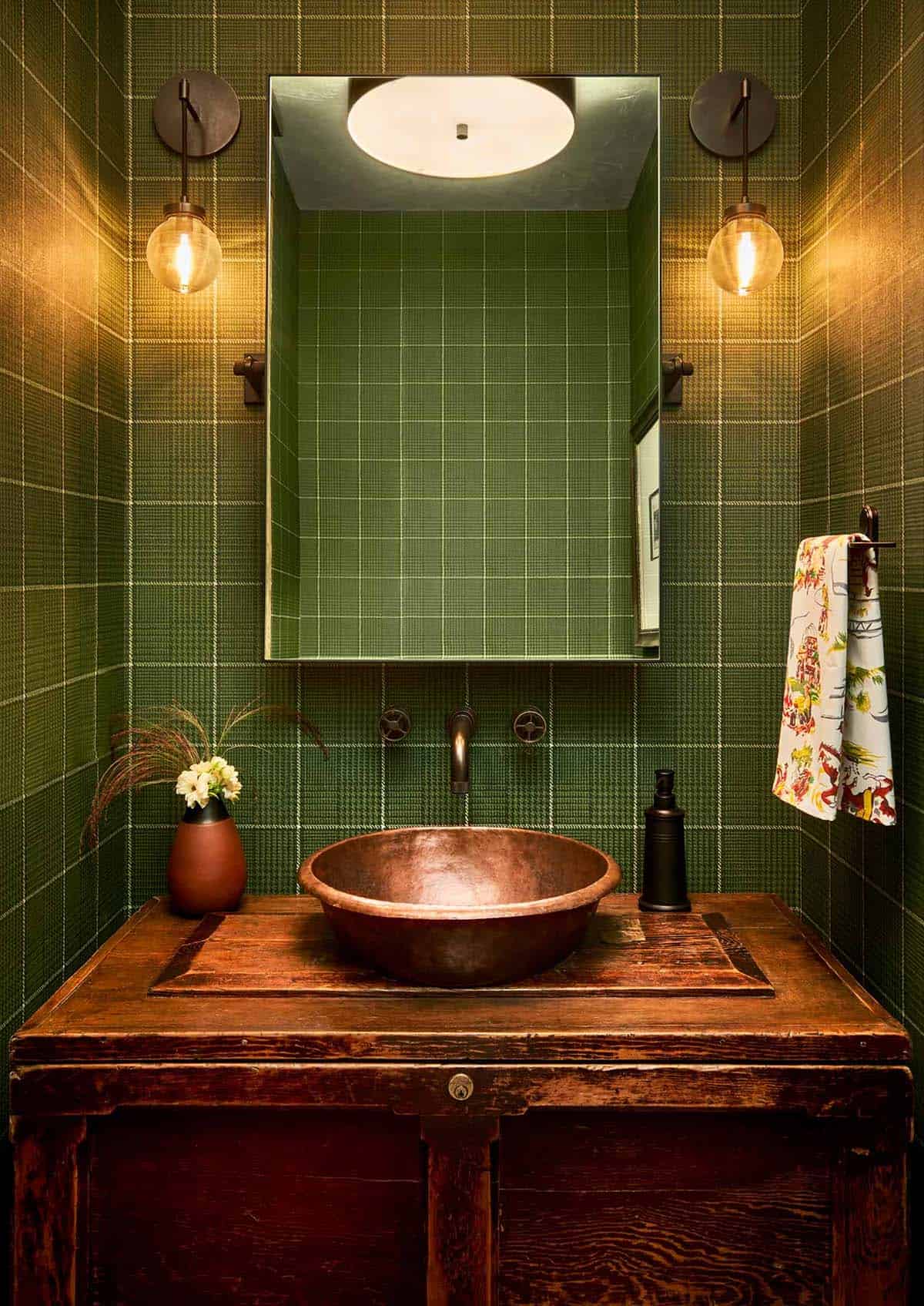 Powder room with copper vessel sink and green plaid wallpaper