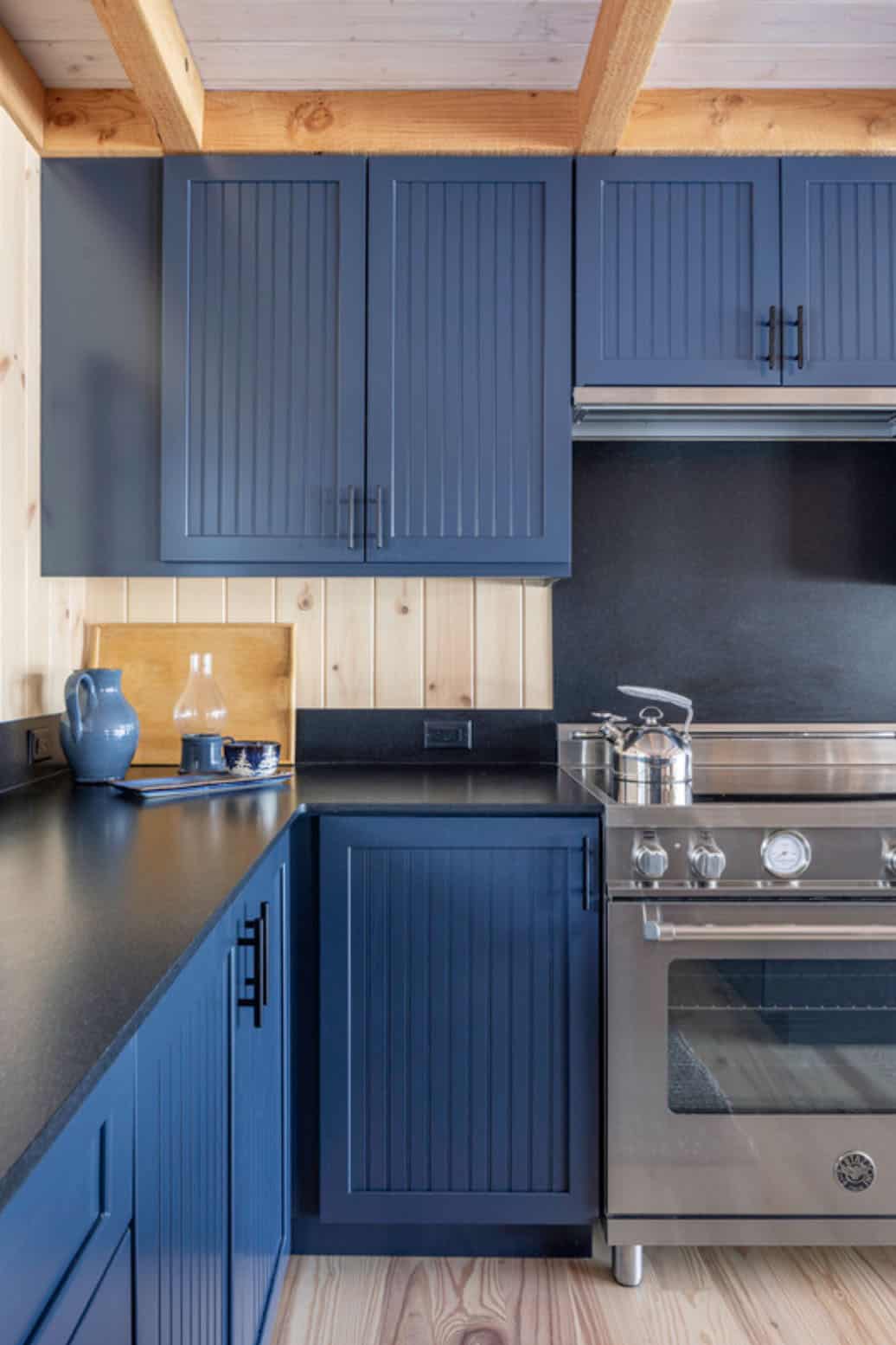 Close-up of navy blue kitchen cabinets and stainless steel range