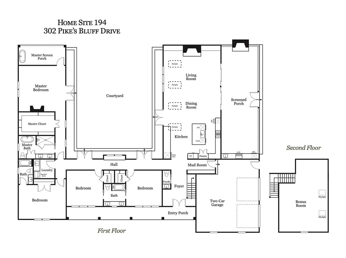 Single-level floor plan wrapped around central courtyard