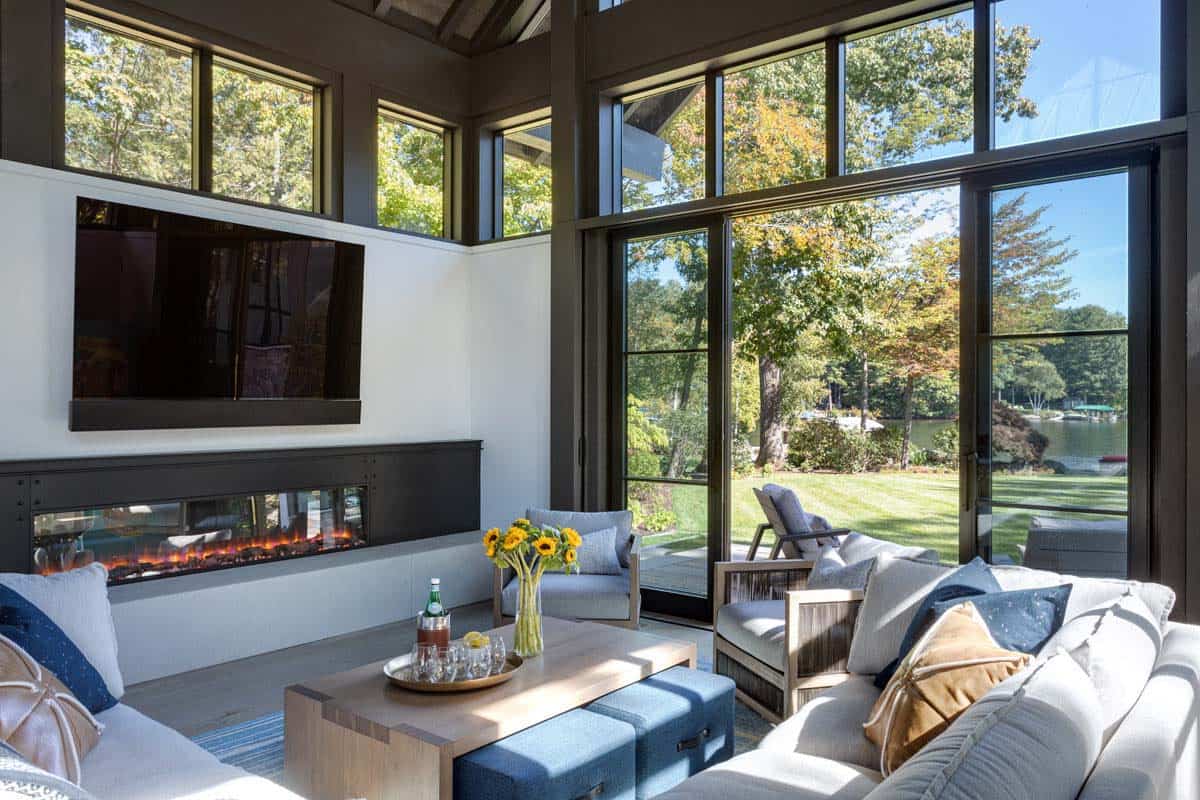 Living room with linear fireplace and sunflower centerpiece