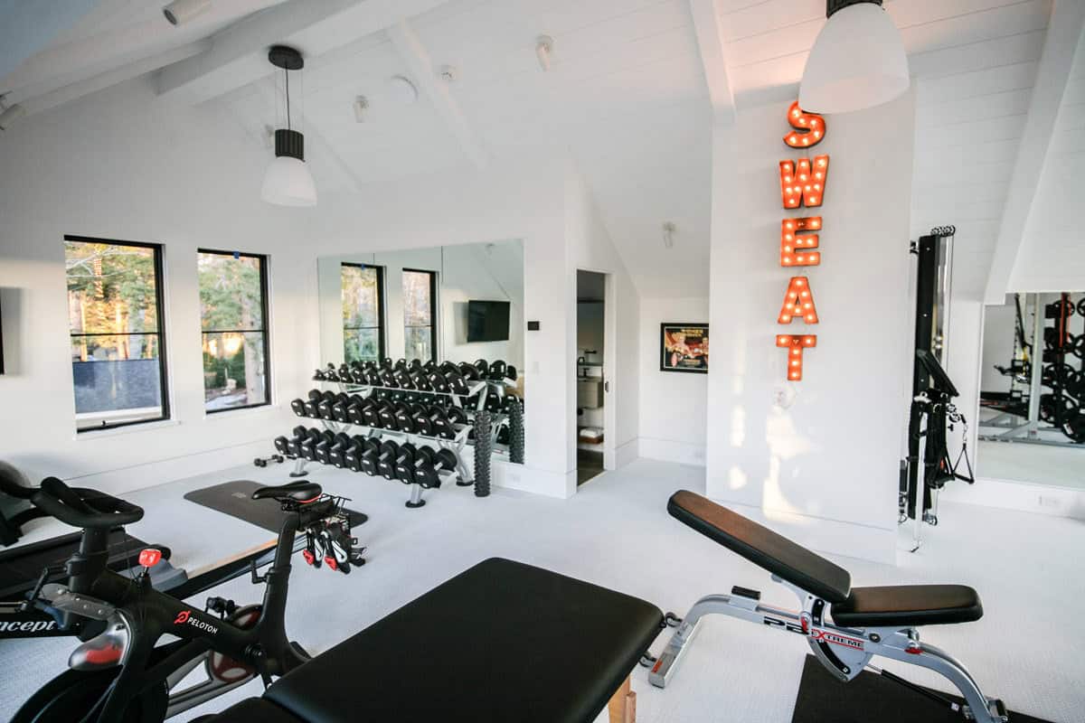 Recreation barn with a home gym