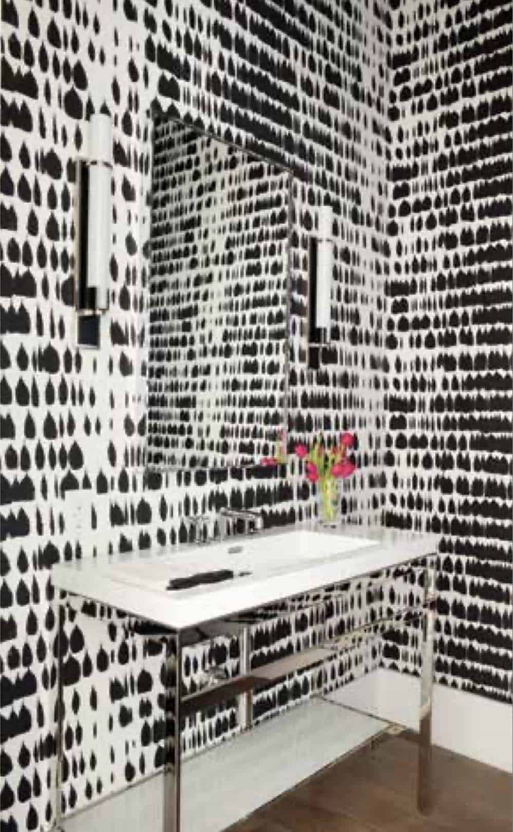 modern powder room with black and white wallpaper