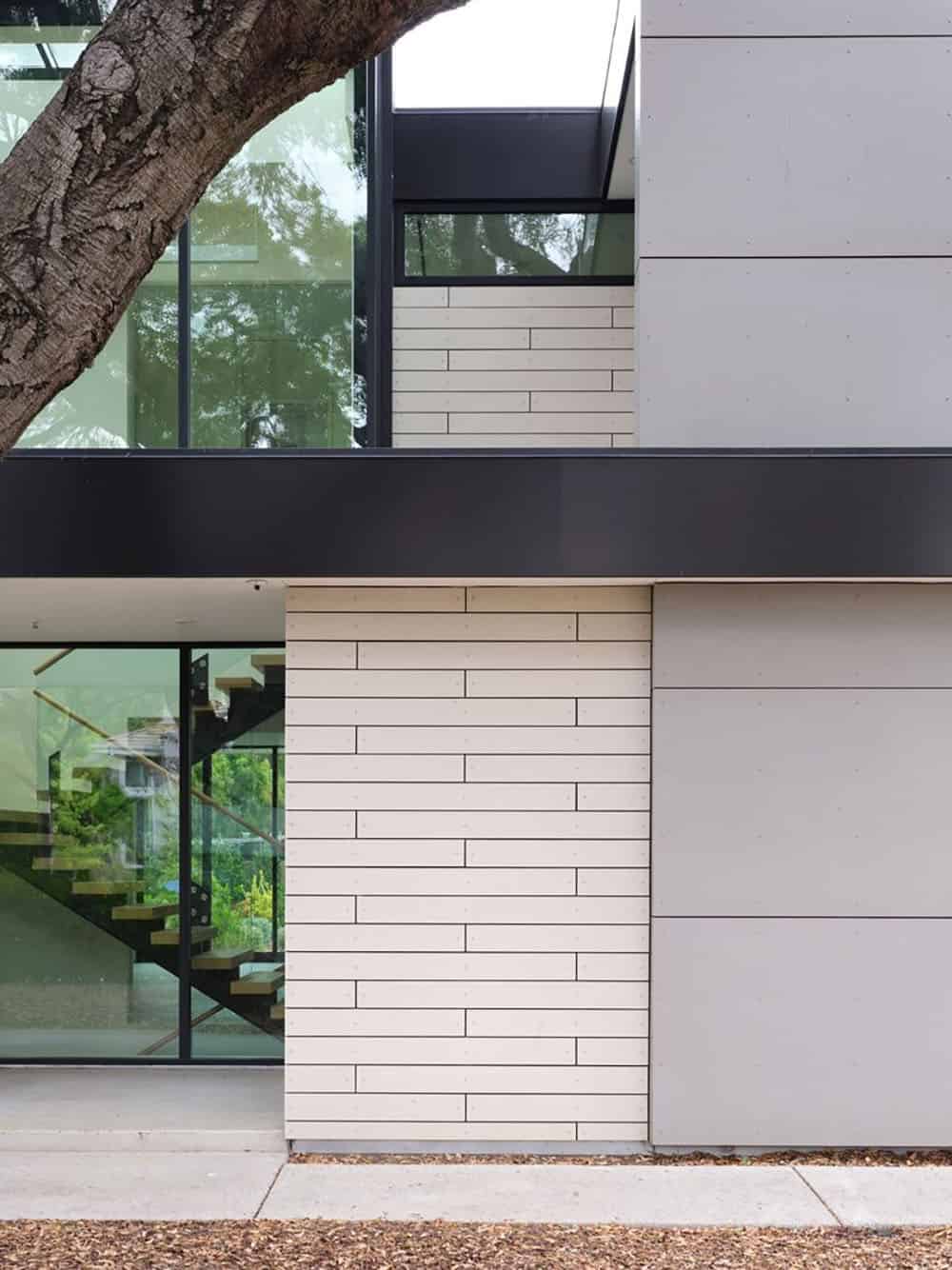 Close-up of cementitious siding and panel cladding on the exterior facade