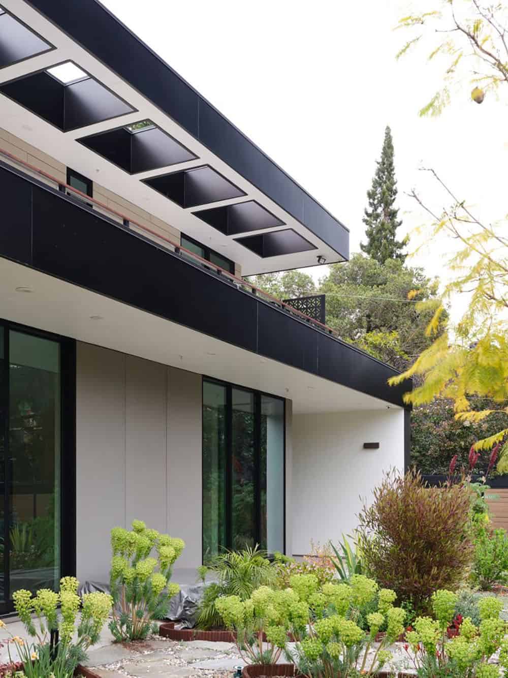 Roof deck skylights and black steel canopy above the rear garden