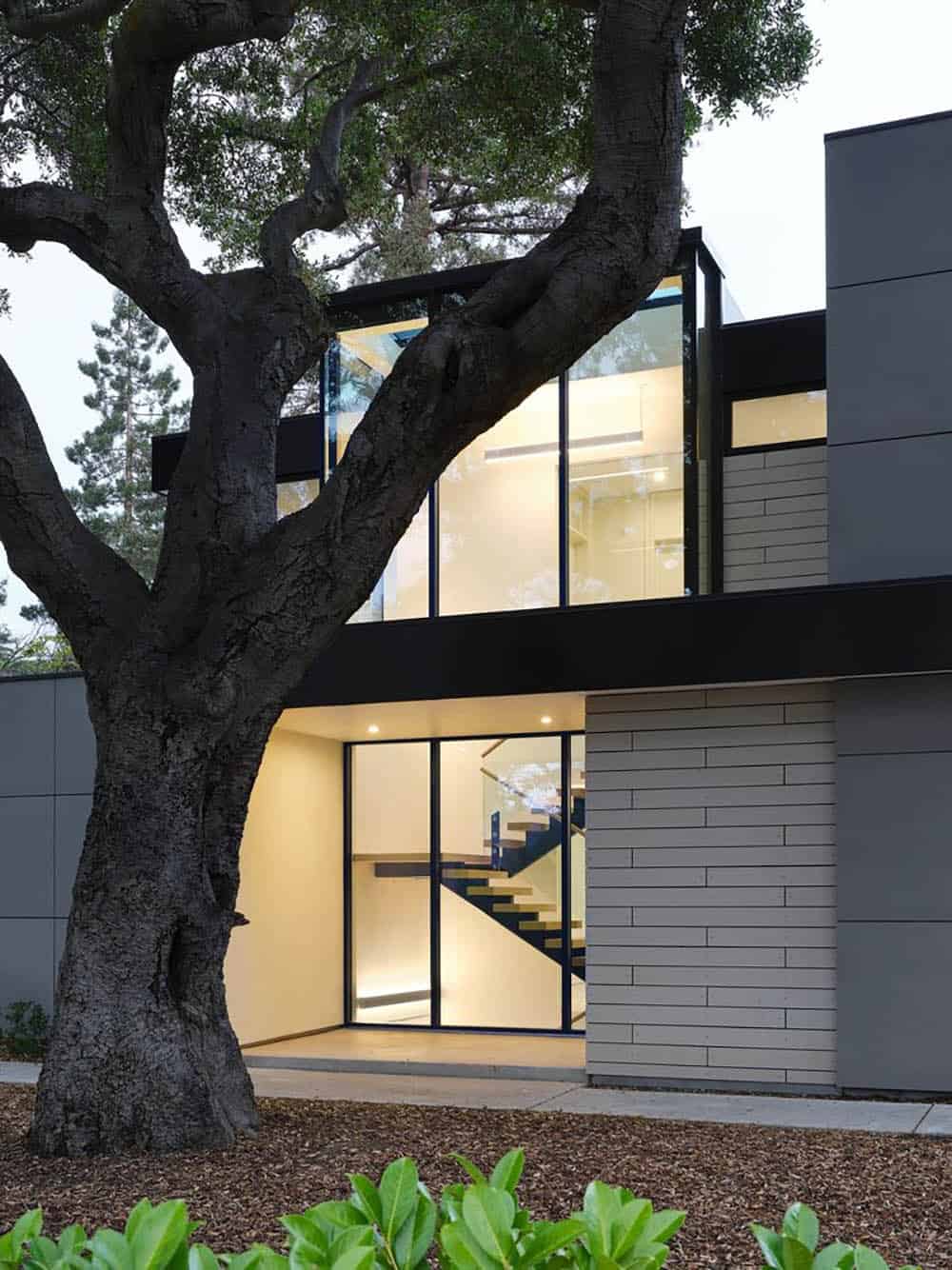 Glass entry lantern glowing at dusk, framed by the oak tree