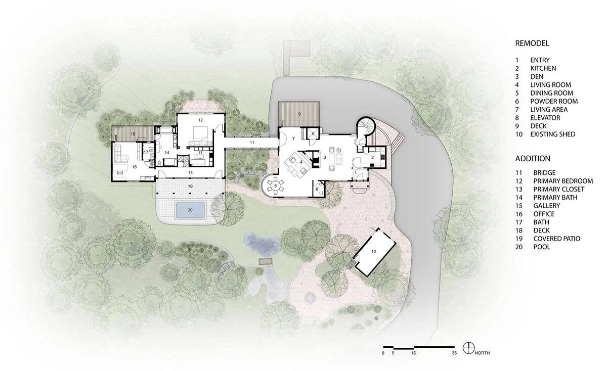Floor plan diagrams the home's remodel and new addition
