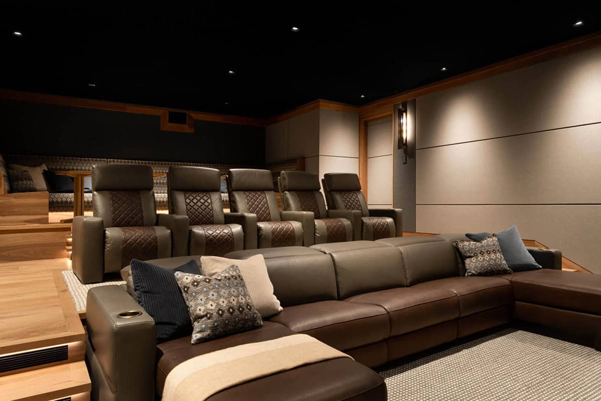 Home theater tiered seating with leather recliners and sofa