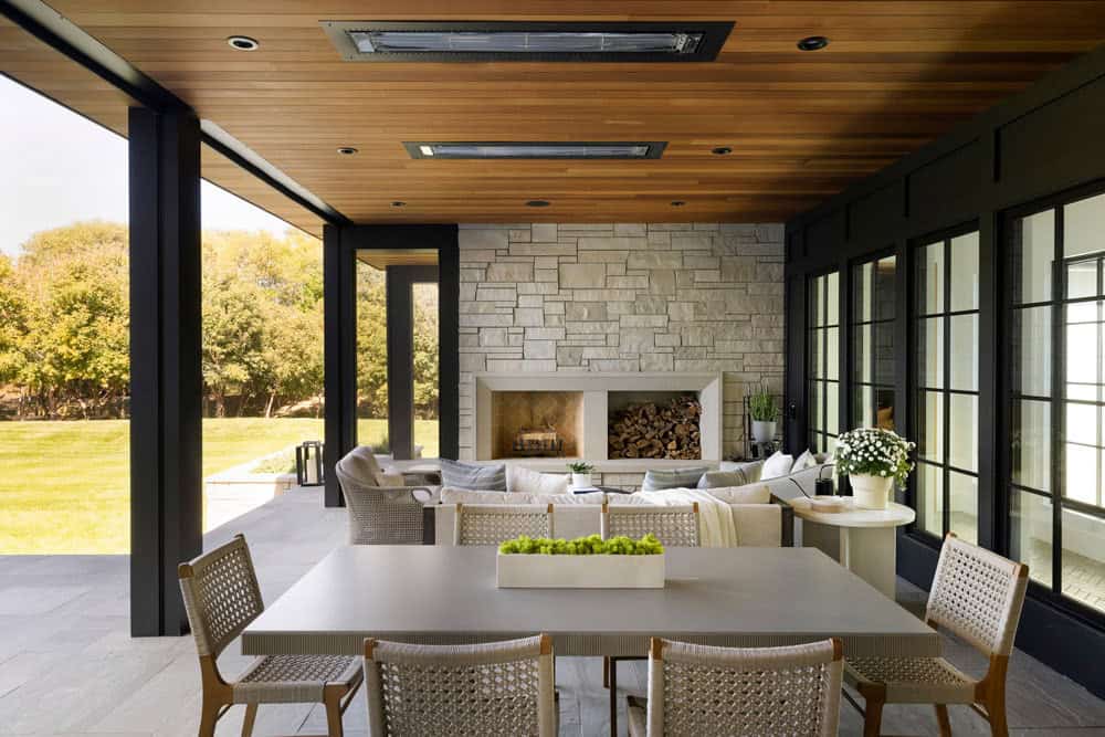 Modern stone fireplace on a covered patio in West Fargo, North Dakota