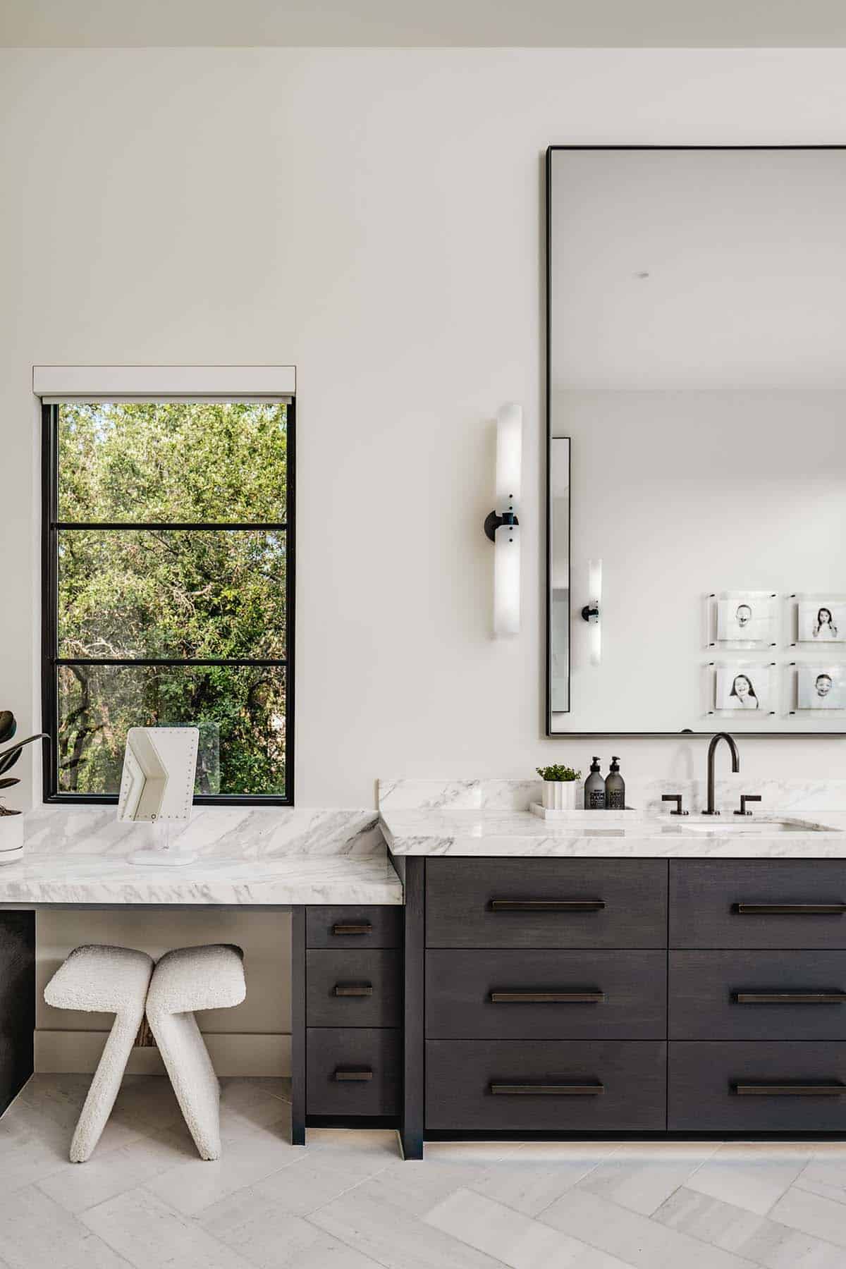 Bathroom vanity with makeup counter and boucle X-frame stool