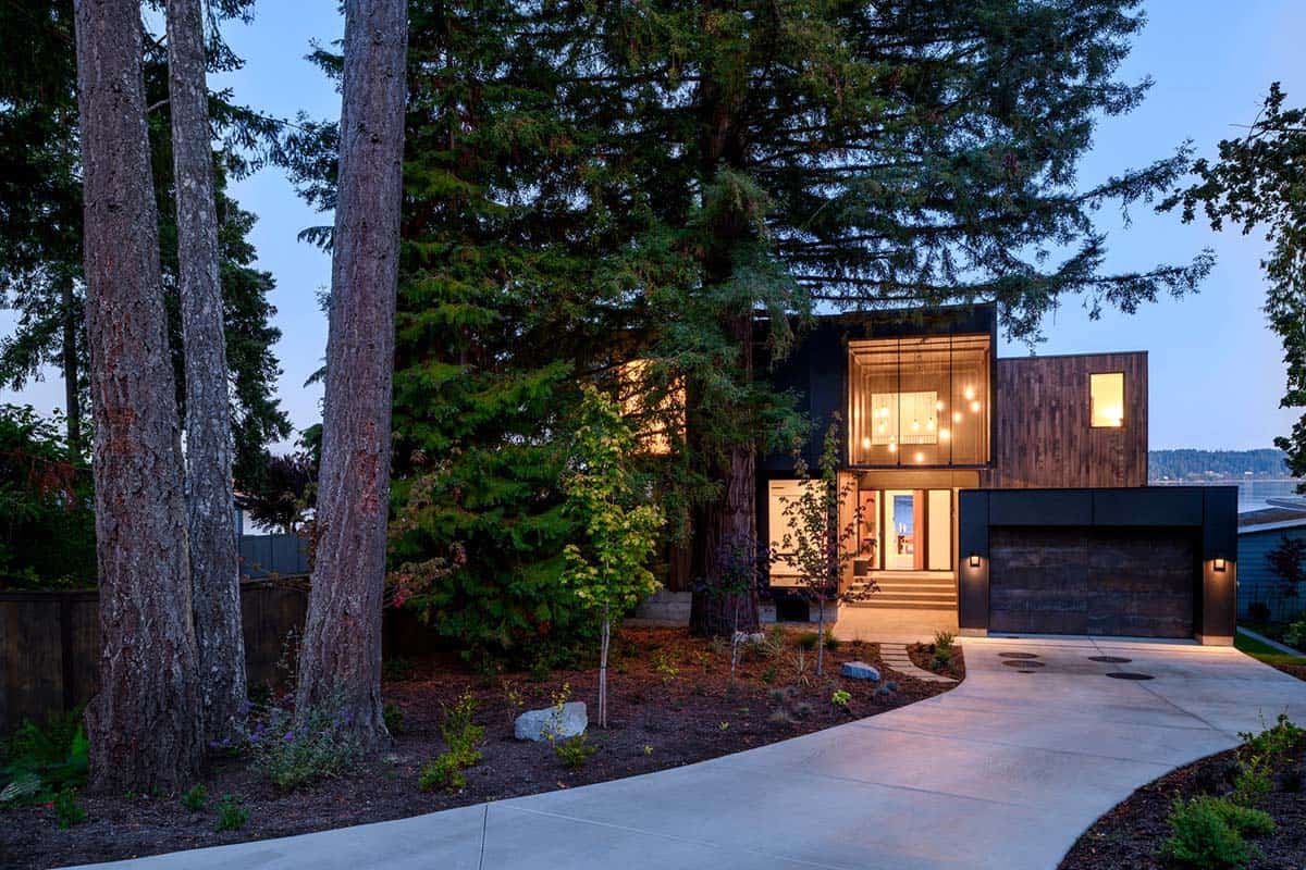 Twilight approach through mature redwoods leads to glowing entryway
