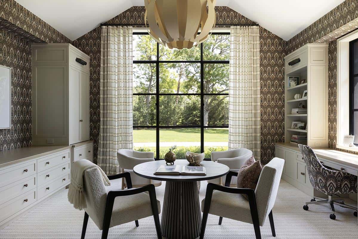 Home office with patterned wallpaper, round table and chairs, and built-in cabinetry flanking a large window
