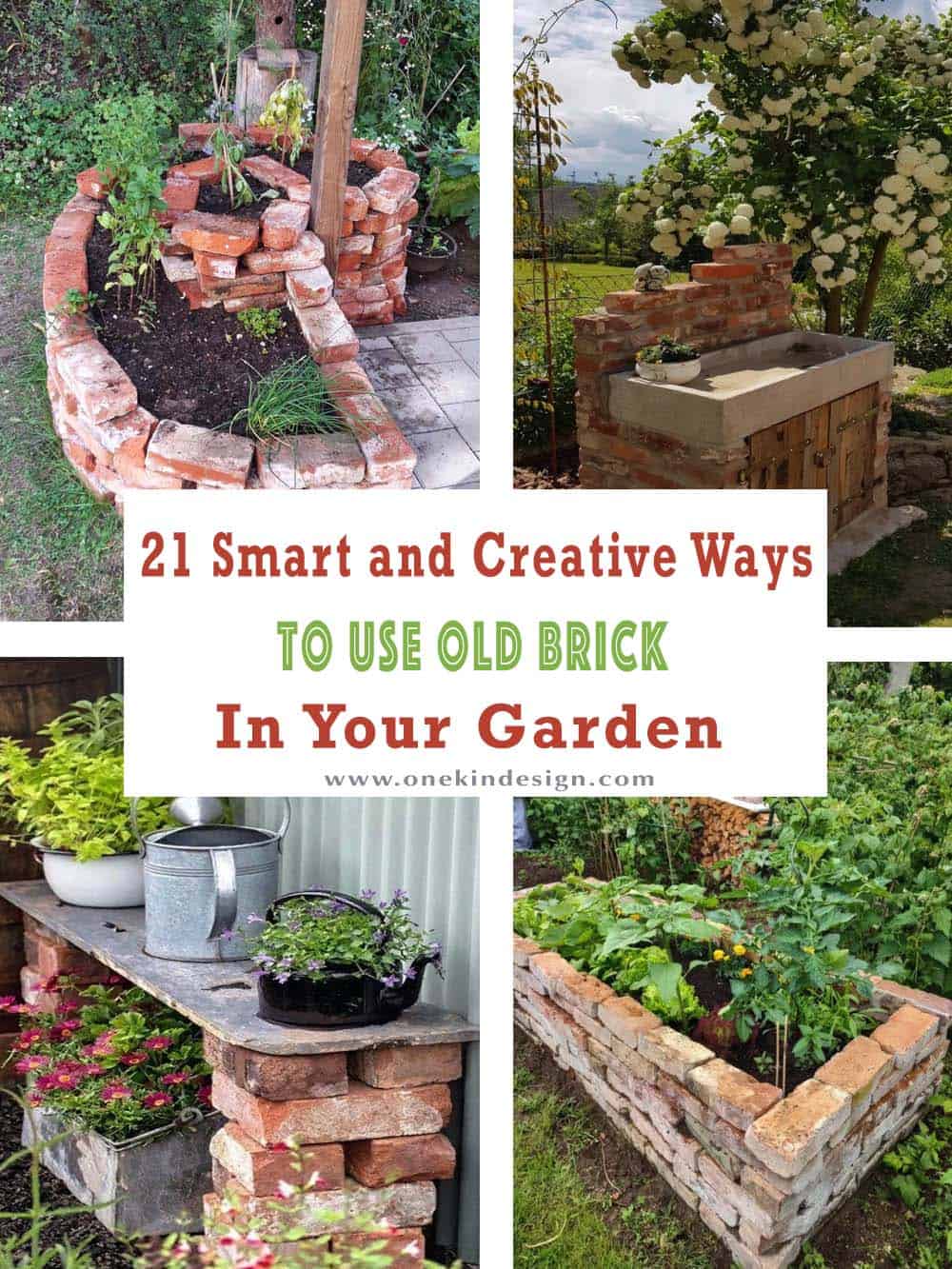 Collage of garden ideas using reclaimed brick, including planters and a potting station