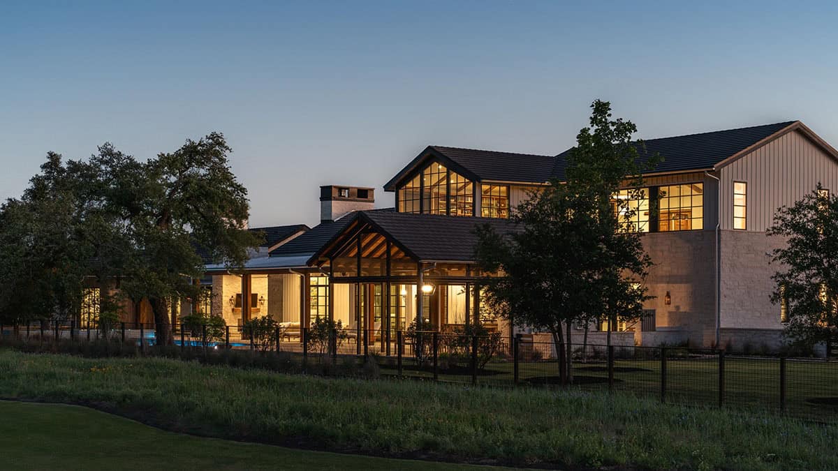 Ranch house exterior at dusk