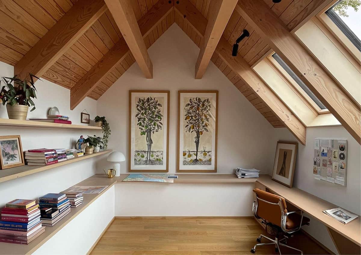 Attic office nook with skylights, built-in desk, and framed botanical prints