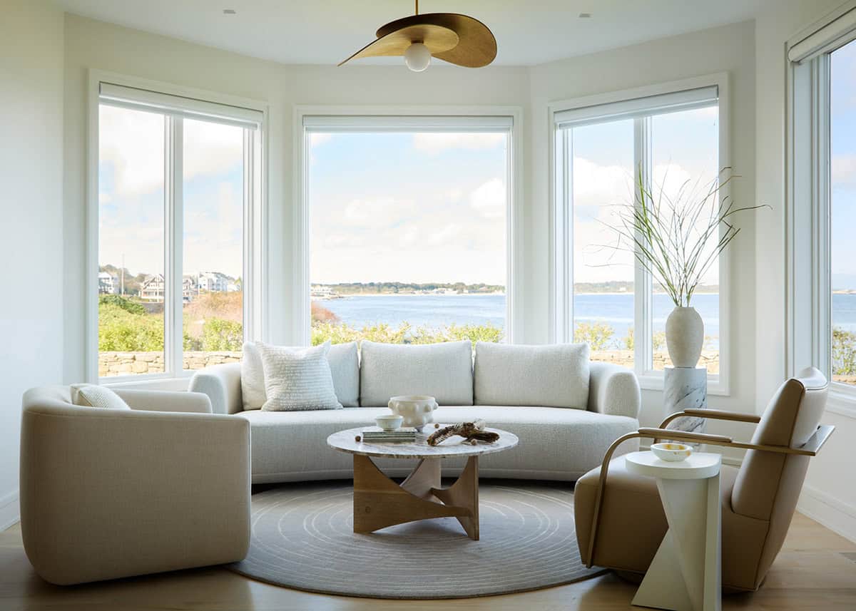 Bay window sitting area overlooking coastal Rhode Island shoreline