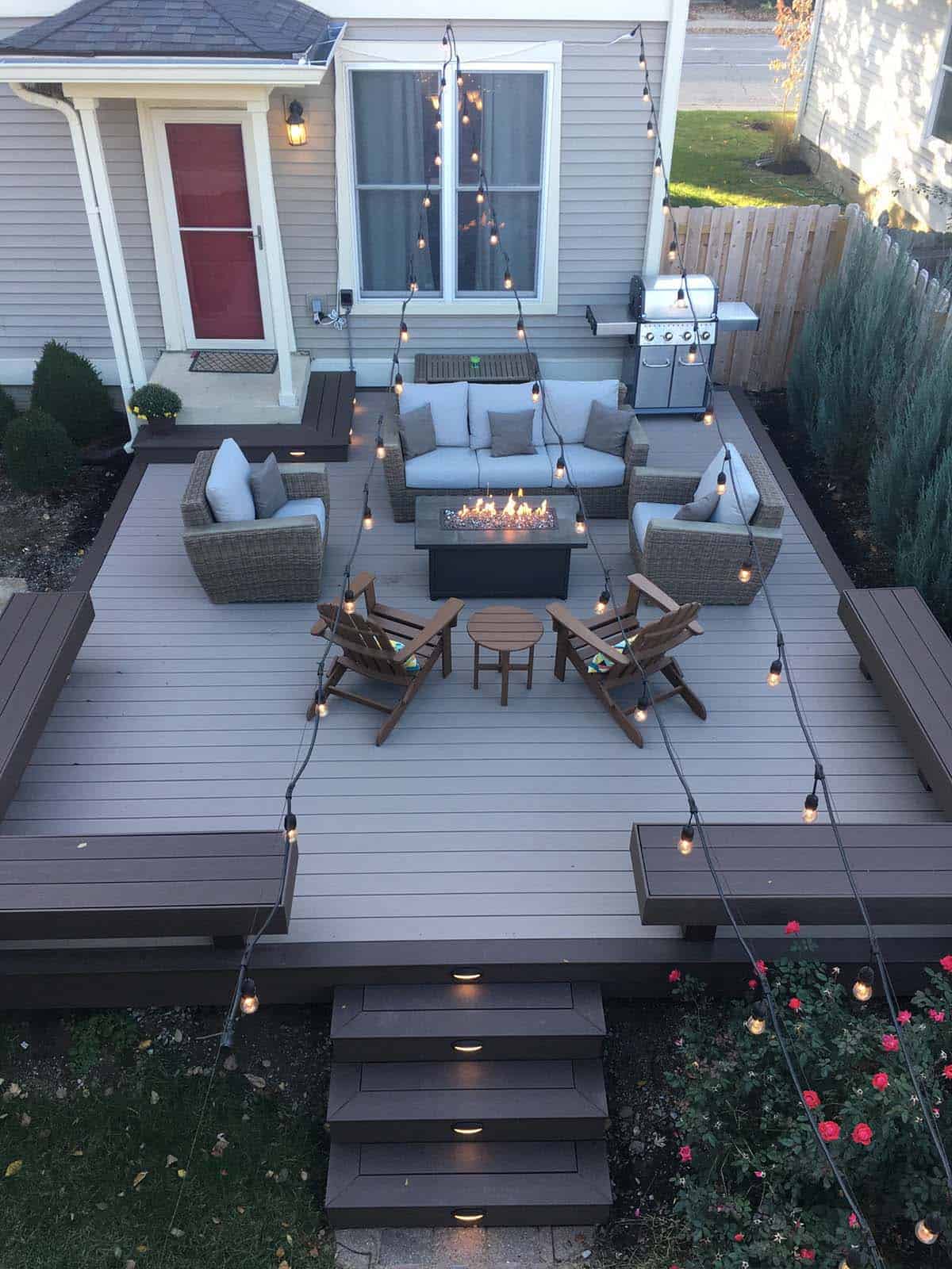 Aerial view of TimberTech composite deck in Indiana with string lights and fire table