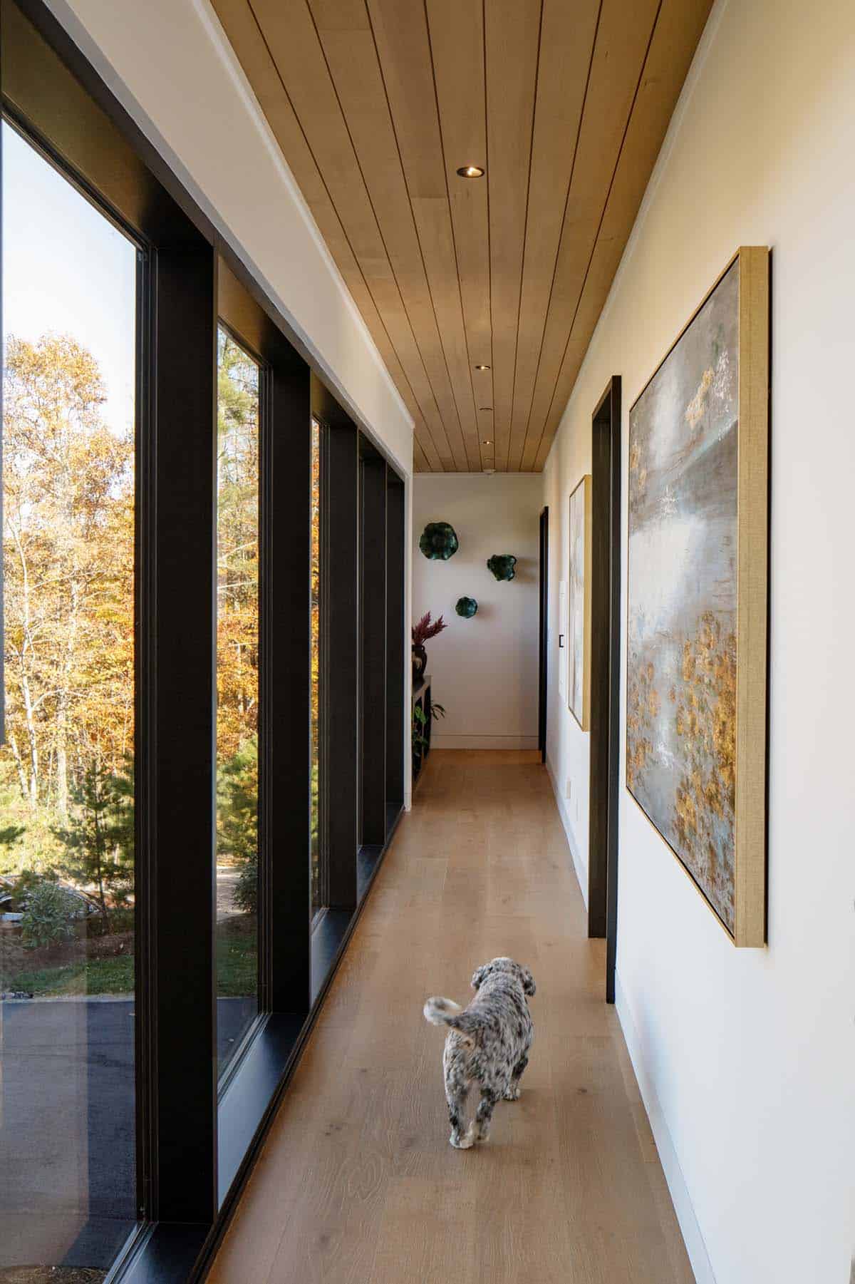 Long hallway with art-lined wall, floor-to-ceiling windows, and small dog walking