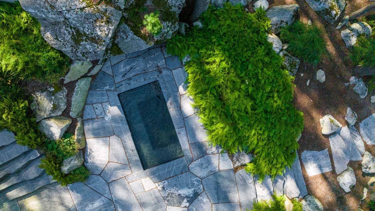 Overhead view of rectangular spa surrounded by flagstone and ferns