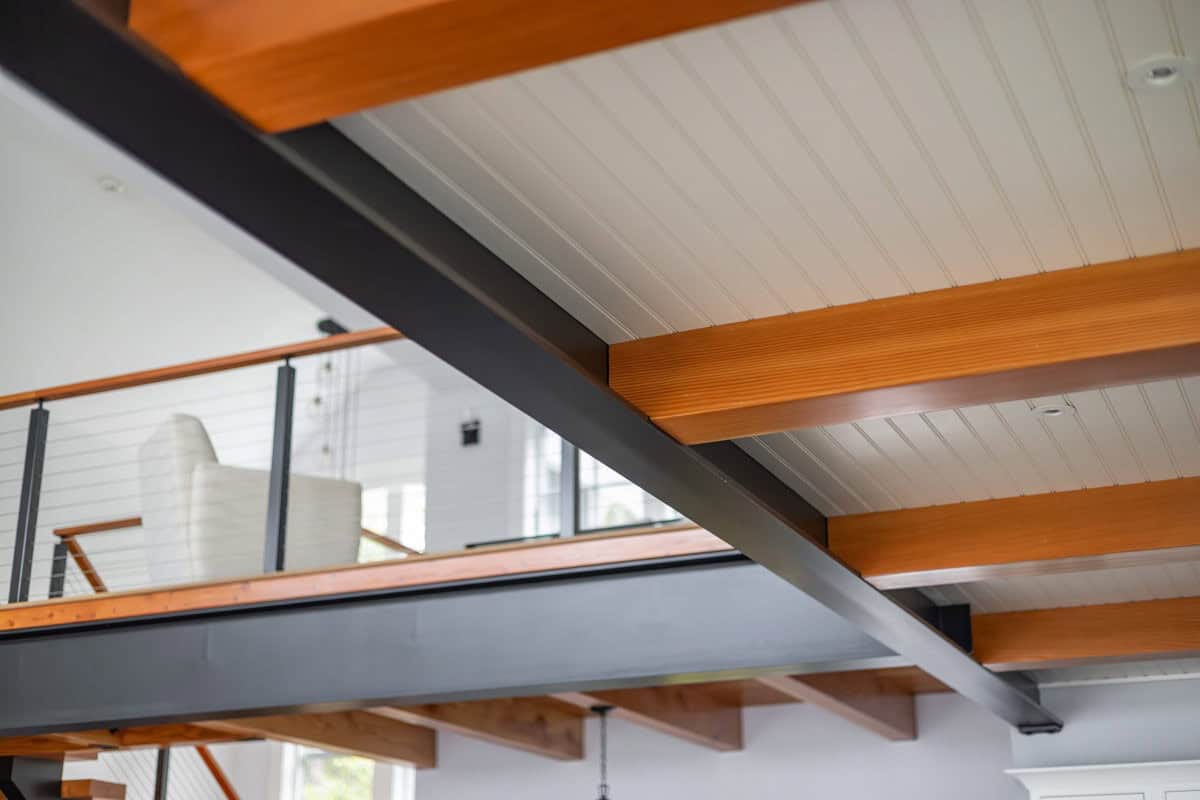 Steel beam and timber joists above the loft overlooking the living room