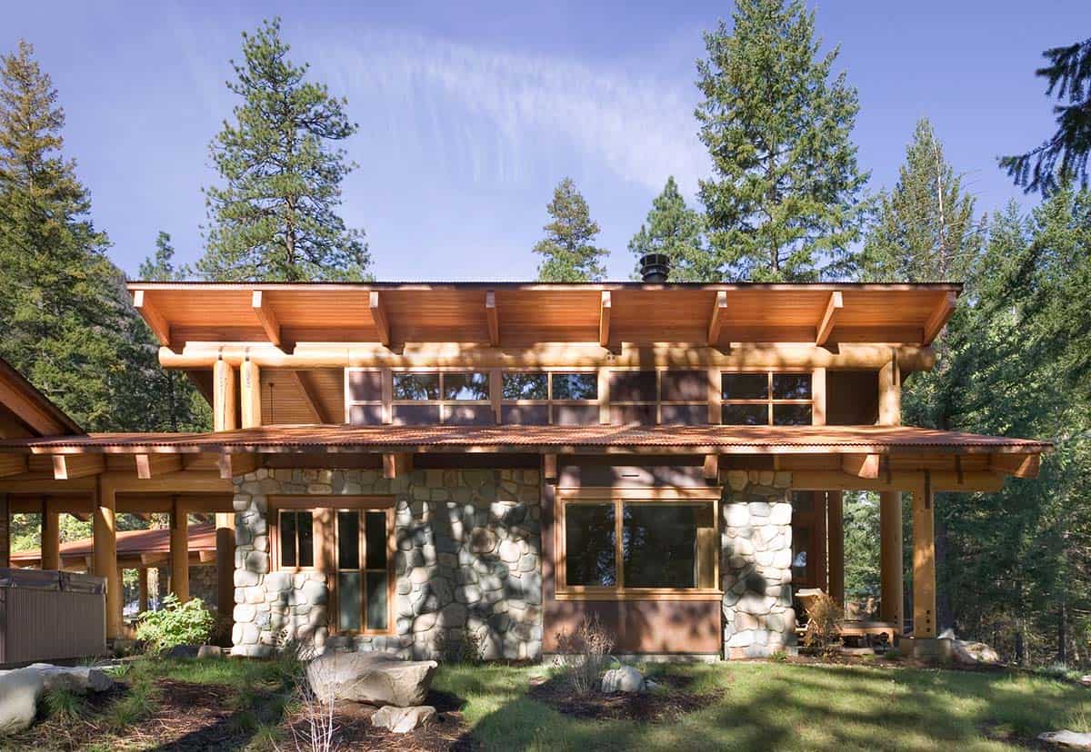 Two-story great room exterior with stone base and copper roofline