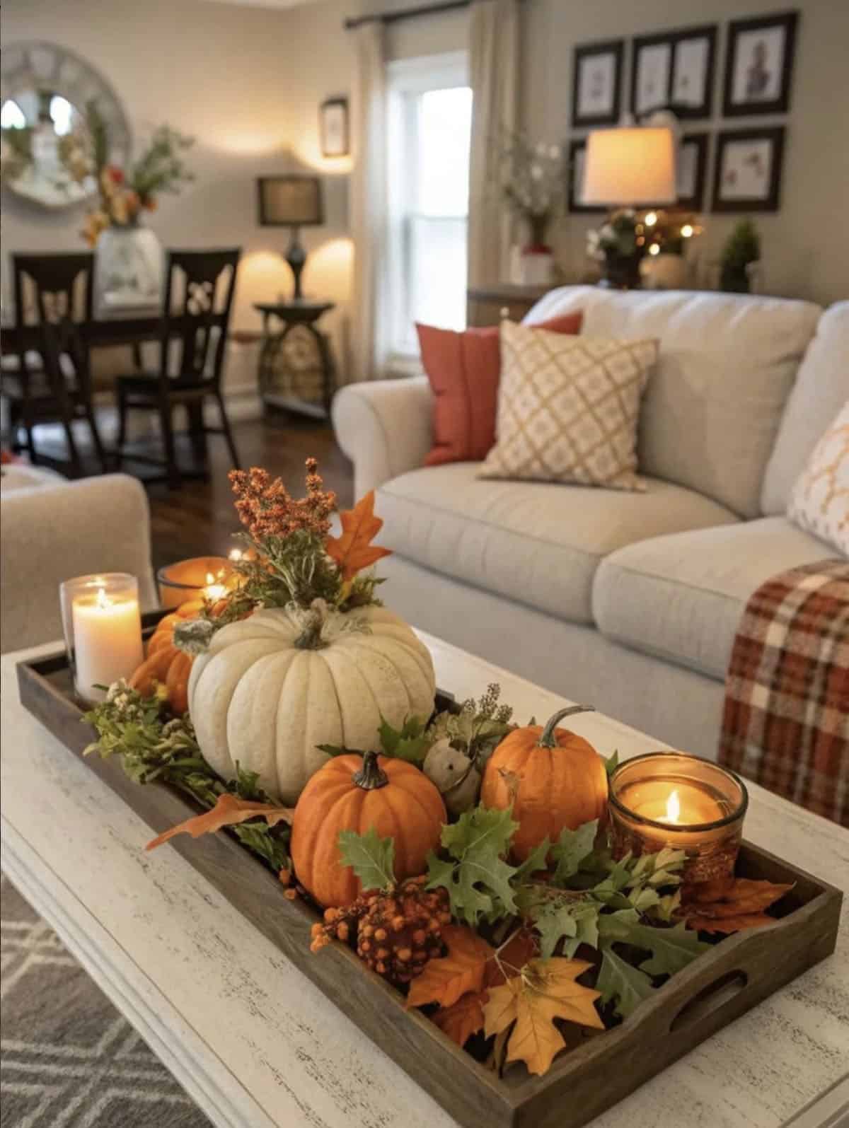 Wooden tray with pumpkins, candles and fall foliage on coffee table
