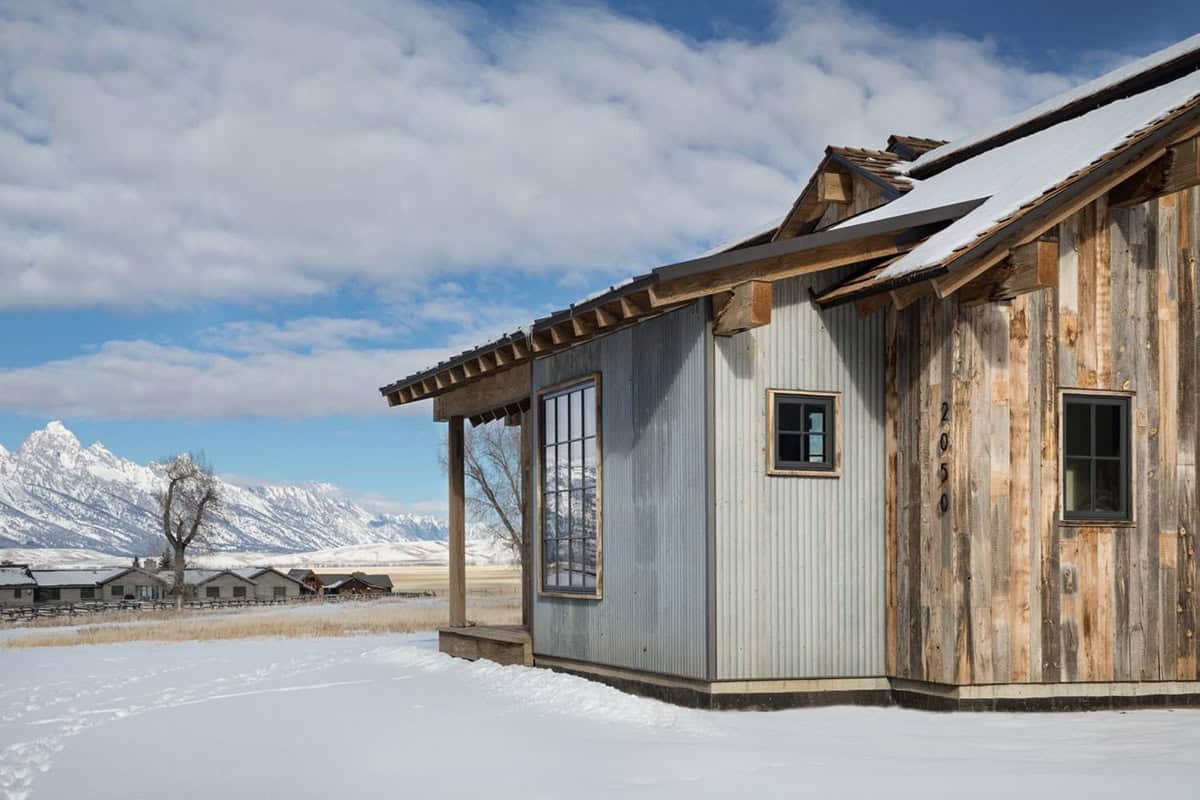 Close-up exterior corner of cabin with corrugated metal and wood siding, mountains in distance