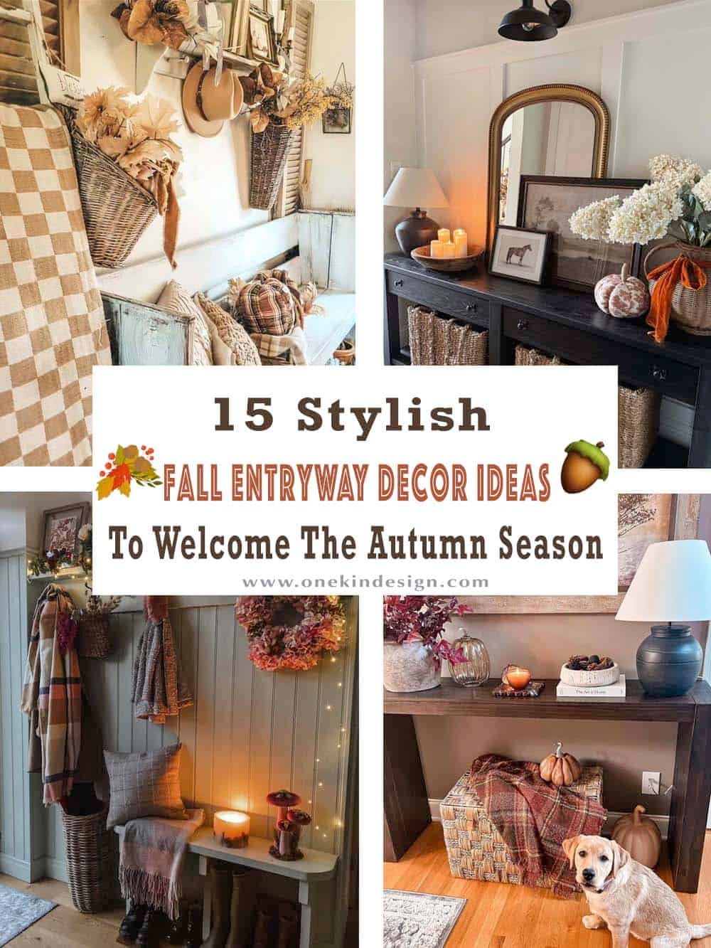 Four fall entryway decor collage with baskets, consoles and wreaths