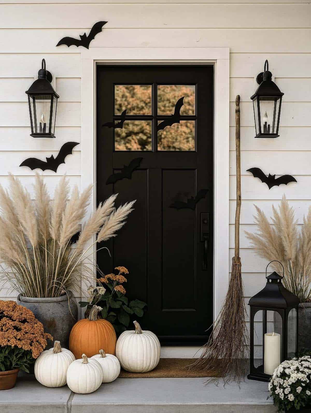 Fall and Halloween porch with black door, bats, pampas grass, and pumpkins