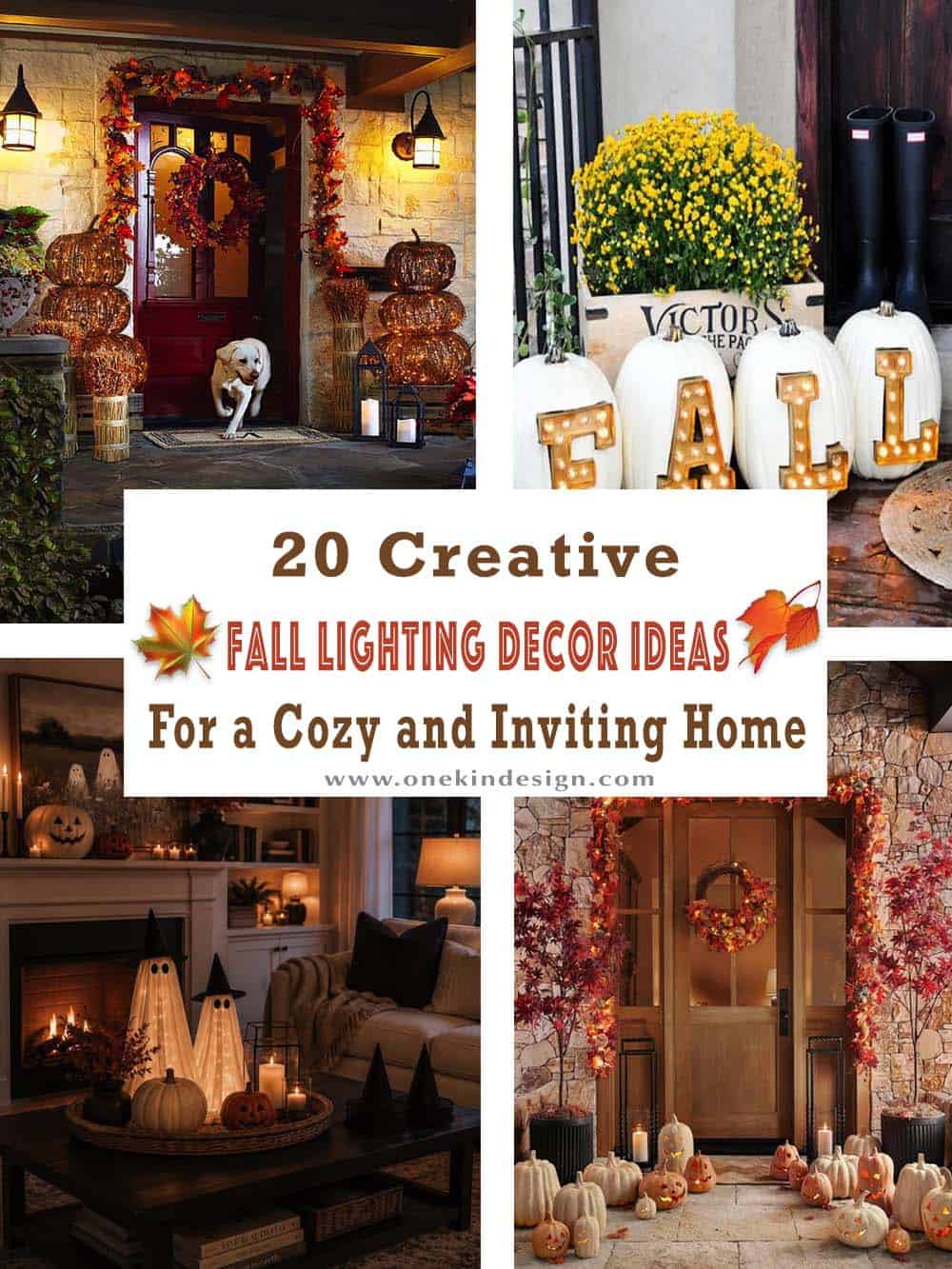 Cozy fall porch and living room decor with string lights and pumpkins
