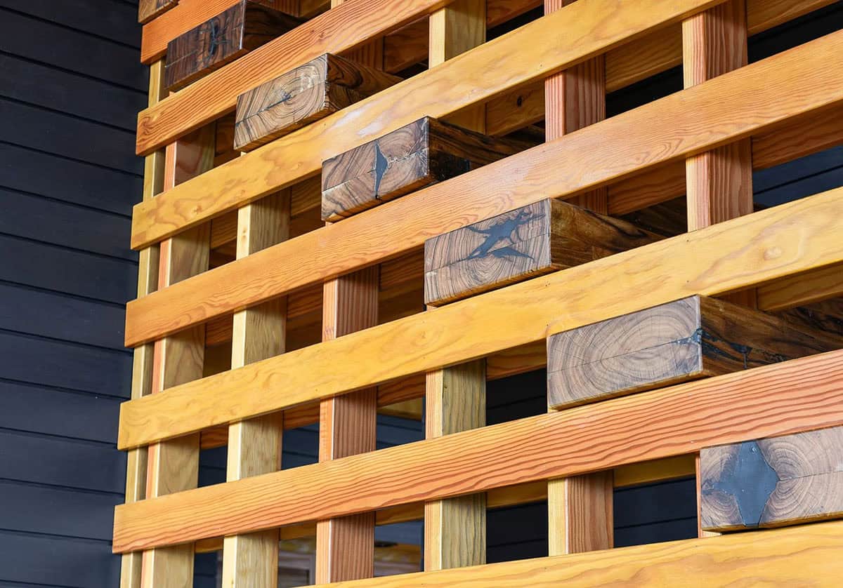 Close up of wood lattice slats with exposed end grain