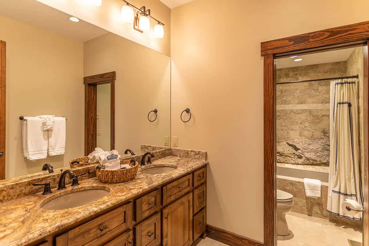 Bathroom double vanity with walk in shower and soaking tub