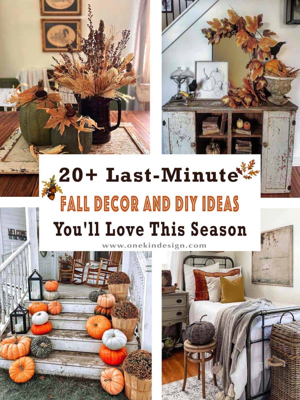 Collage of last-minute fall decor ideas with pumpkins, garland, and cozy bedroom styling