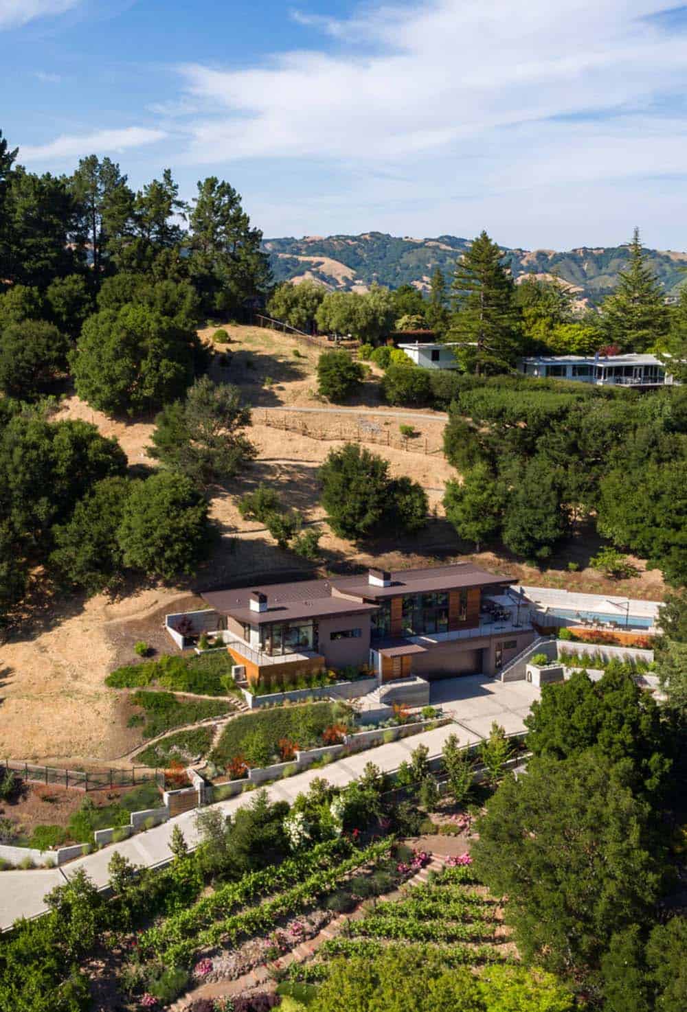Aerial view of hillside modern home surrounded by oak woodlands and vineyard rows