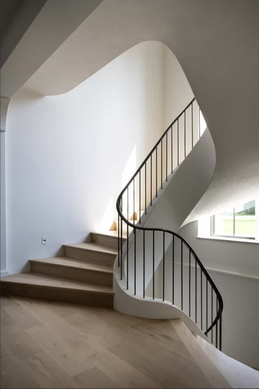 Upstairs landing with curved railing, arched door, and gold chandelier