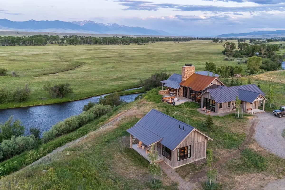 Aerial view of the compound above a bend in the creek