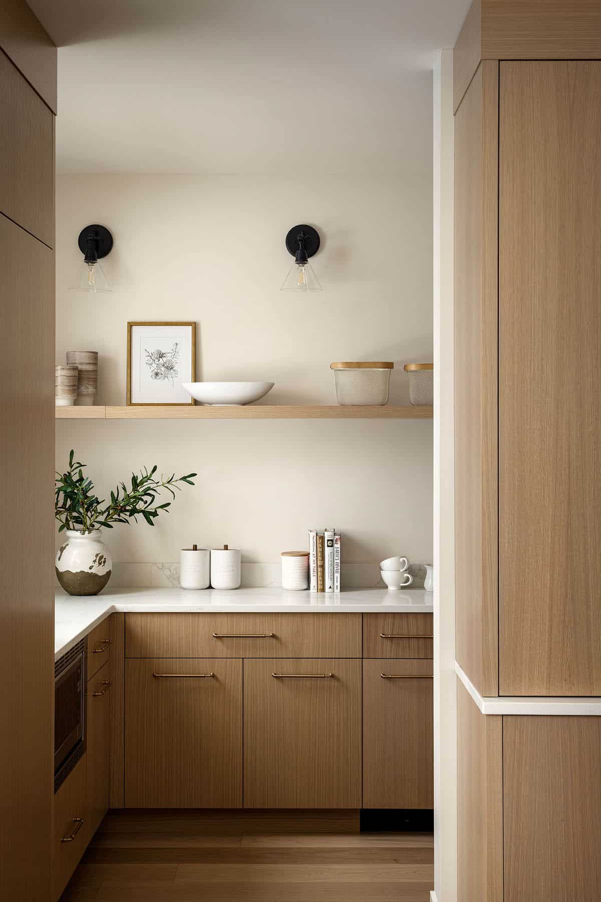 Butler's pantry nook with open shelving and wood cabinetry