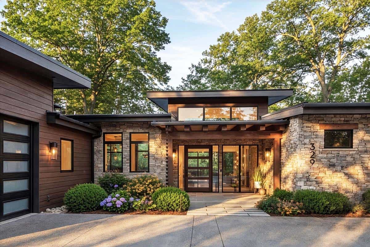 Front entrance framed by dark wood beams and layered stone walls
