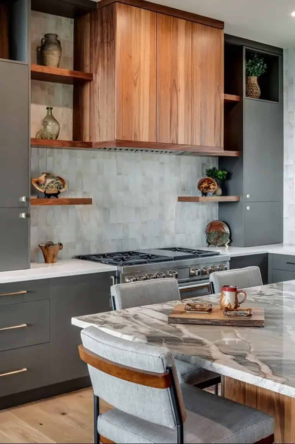 Kitchen range wall with walnut hood and zellige tile backsplash