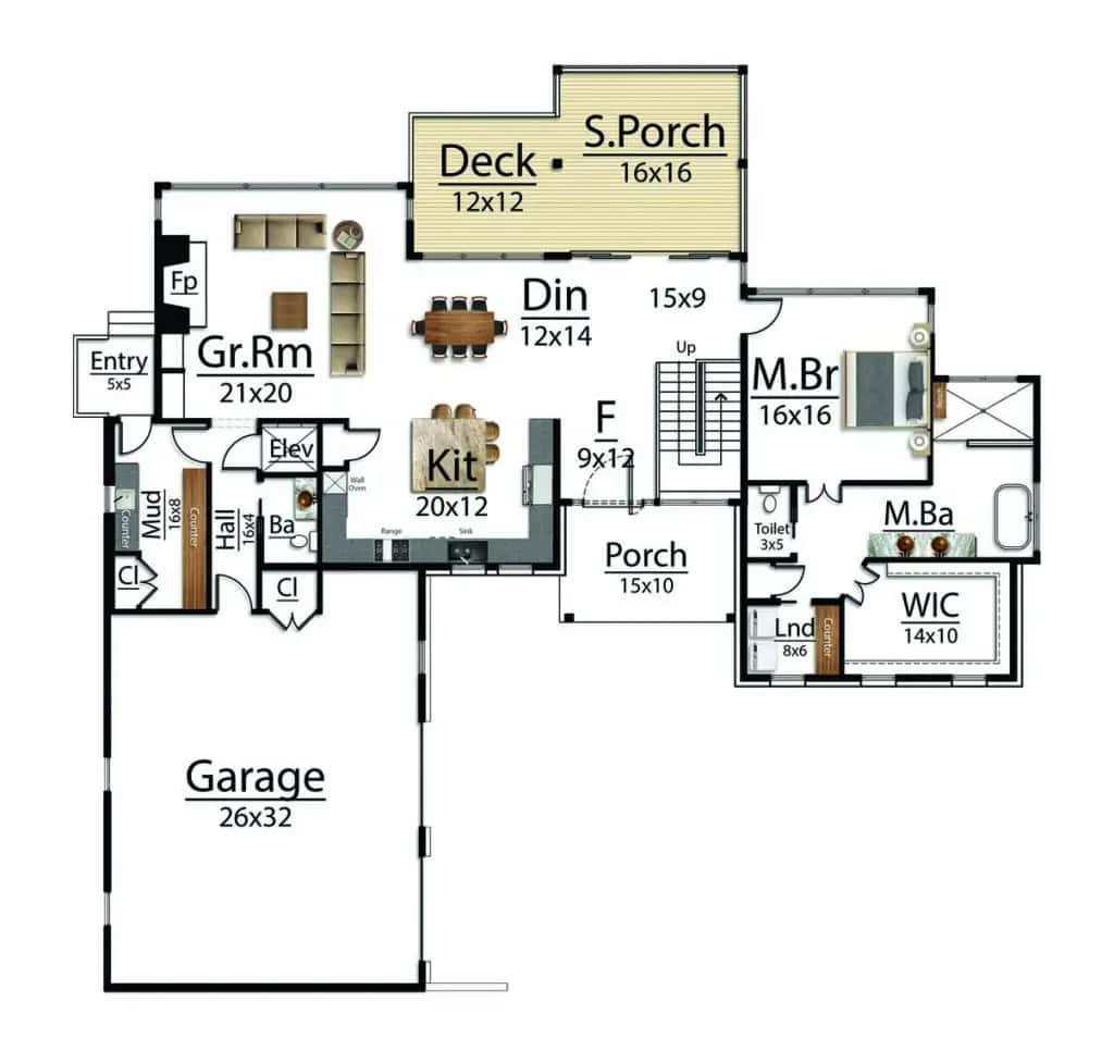 Main level floor plan with great room, kitchen, and primary suite
