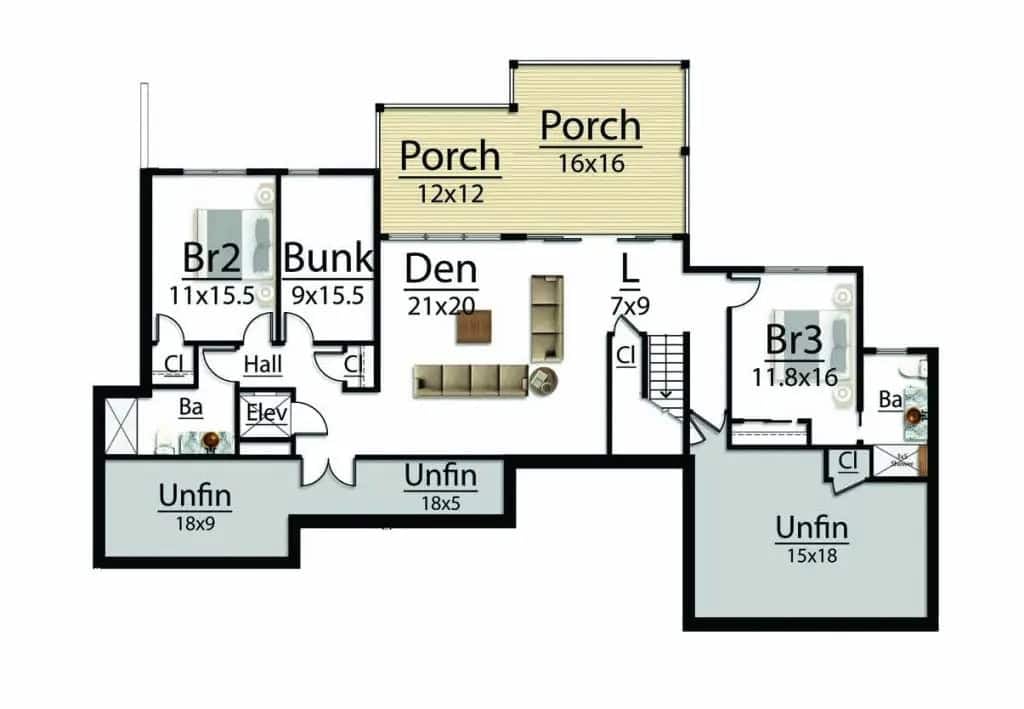 Upper level floor plan with bunk room, dual bedrooms, and porch