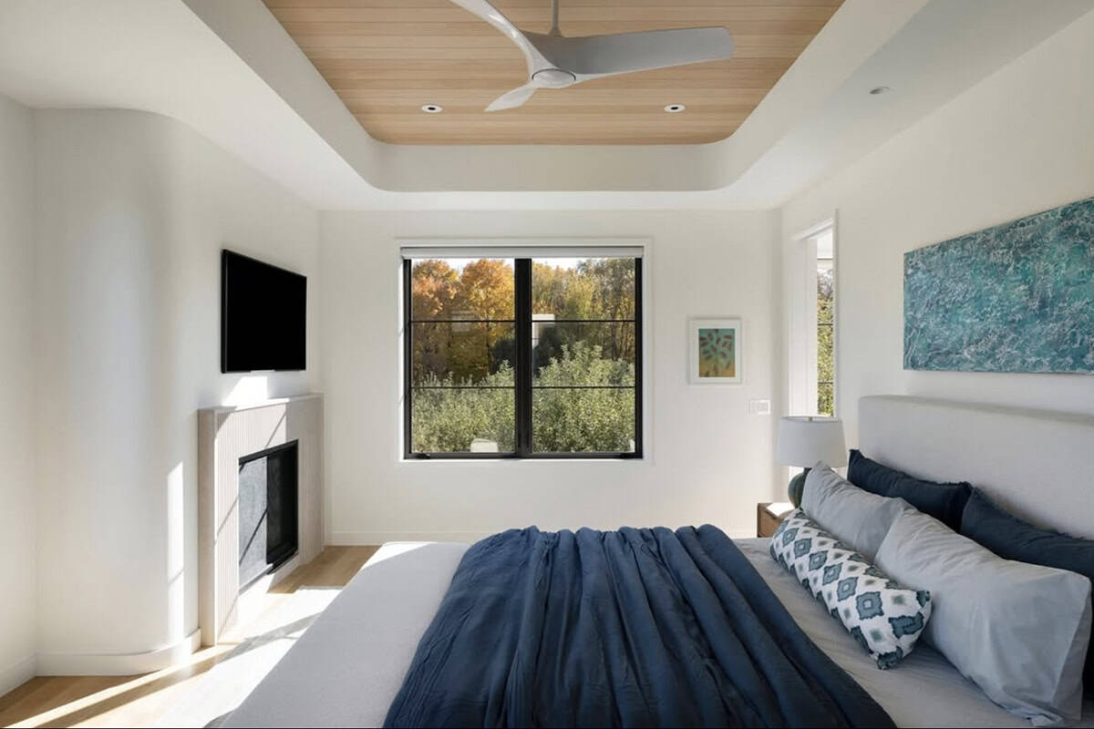 Bedroom with tray ceiling, corner fireplace, and blue teal artwork
