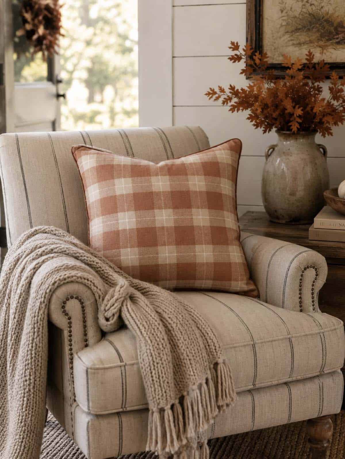 Striped accent chair with rust plaid pillow and knotted chunky knit throw