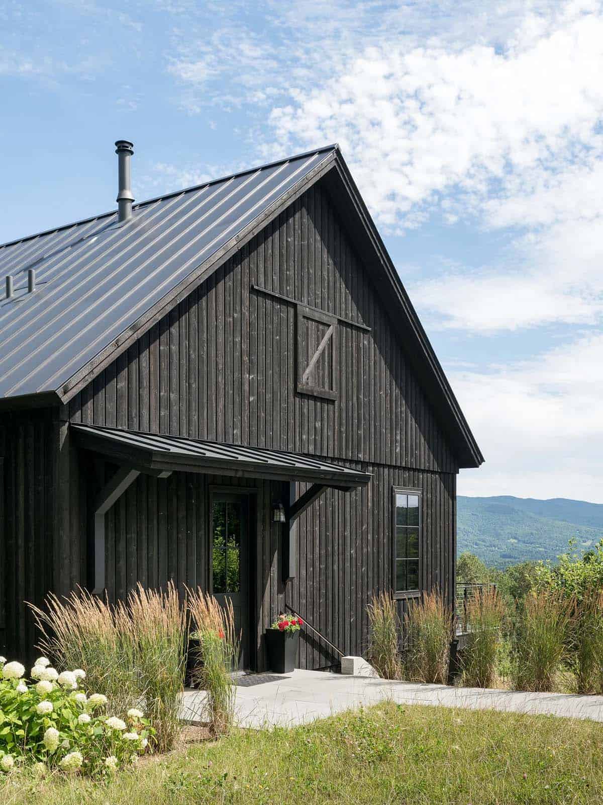 Black wood-clad gable end with covered entry and mountain view 
