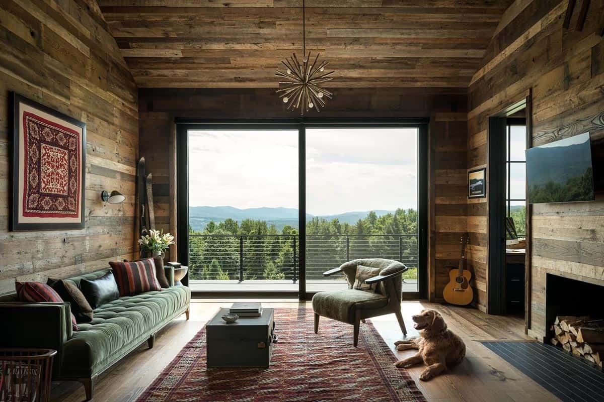 Living room with sliding doors, sectional sofa, and golden retriever